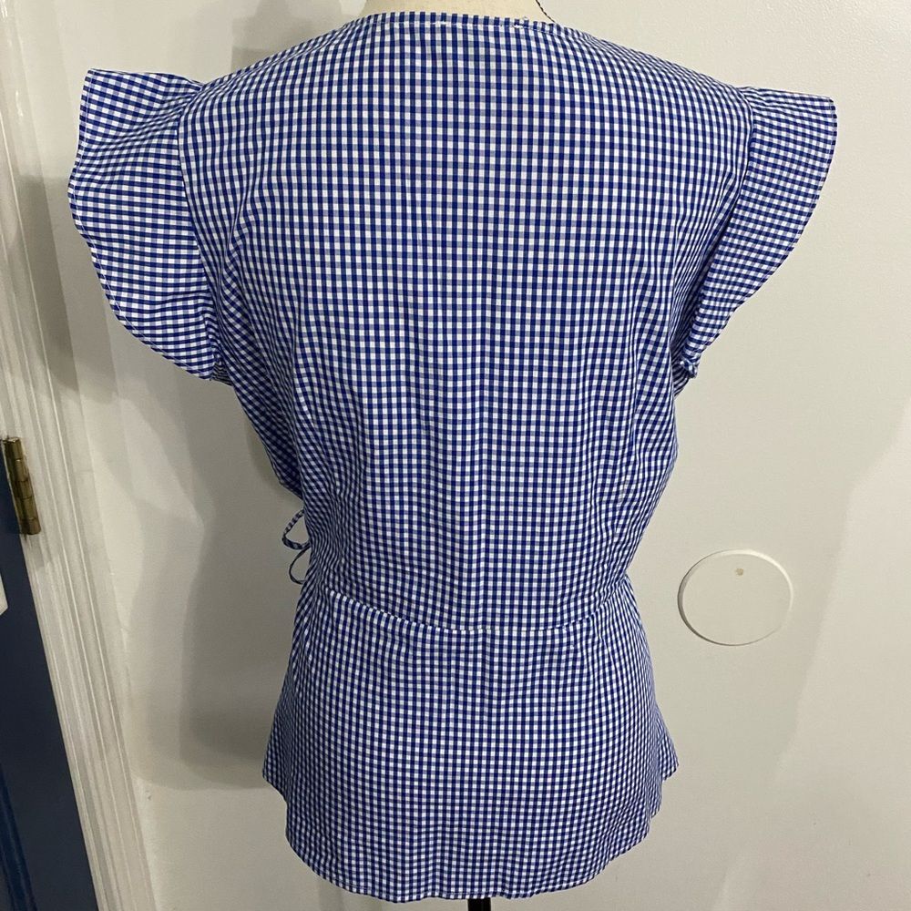 The limited wrap blue and white flutter sleeve check Blouse Size Large - Picture 3 of 7